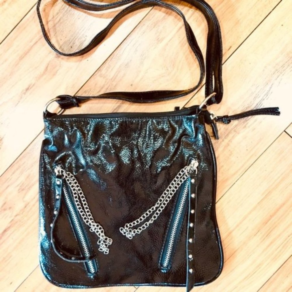 Black leather purse bag crossbody chains